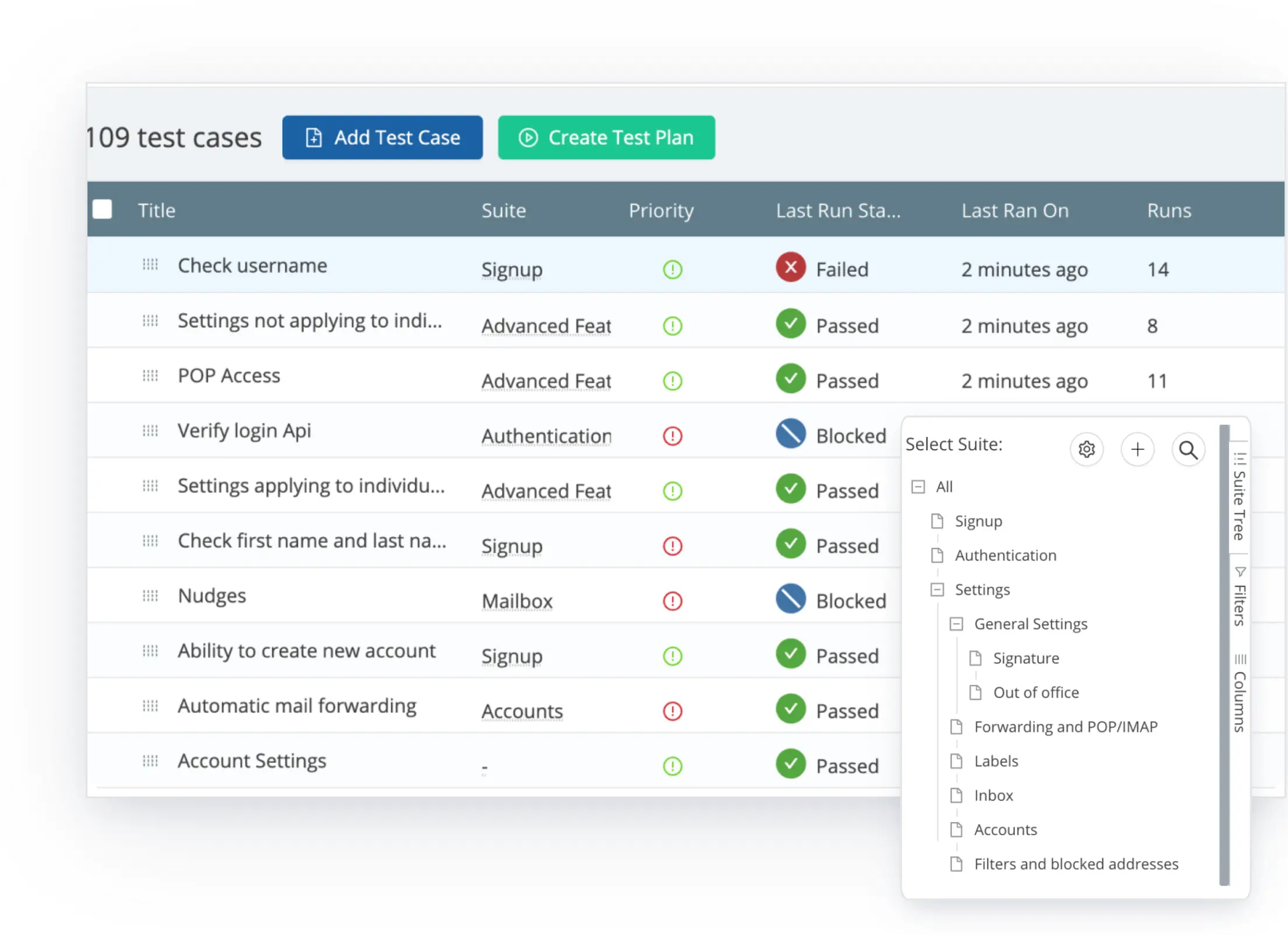 test case manage page