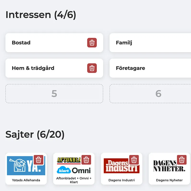 Skärm med intressen märkta Bostad, Familj, Hem & trädgård, Företagare och sex valda nyhetssajter inklusive Ystads Allehanda, Aftonbladet + Omni + Klart, Dagens Industri och Dagens Nyheter.