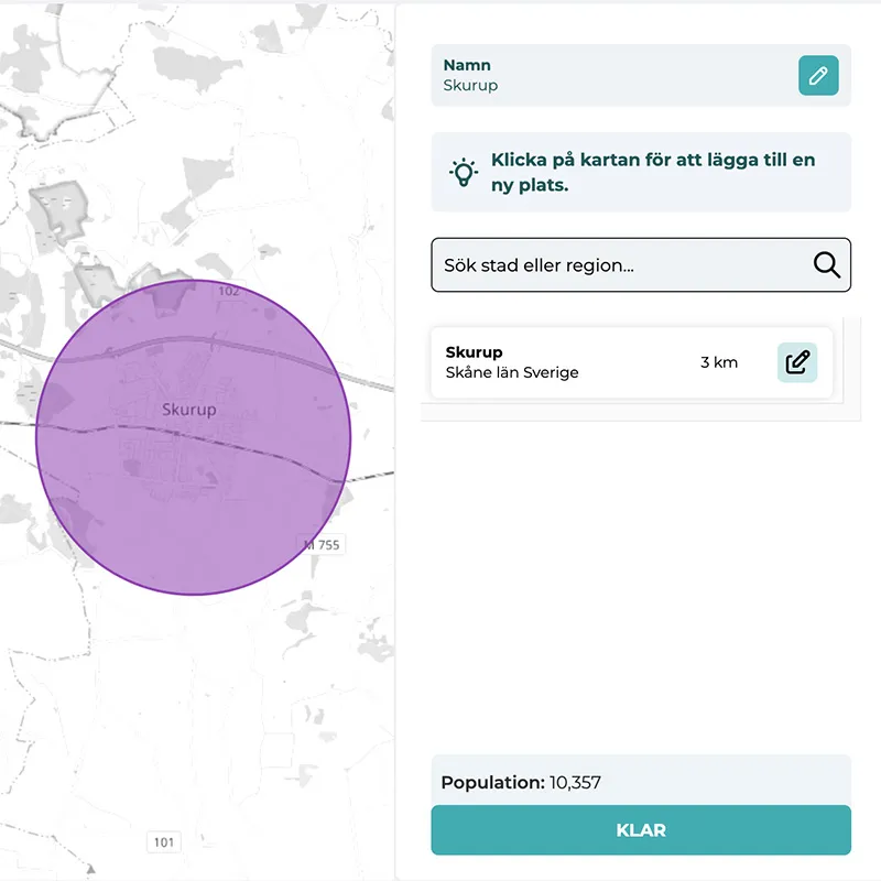 Karta med markeringscirkel över Skurup samt formulär för att lägga till plats med sökfält och befolkningsinformation på svenska.