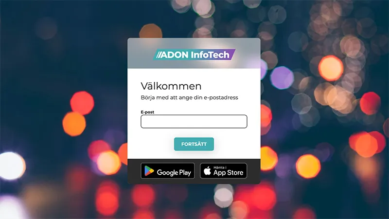Inloggningsruta för ADON InfoTech med textfält för e-post och knappen Fortsätt på suddig bakgrund med färgglada ljus.