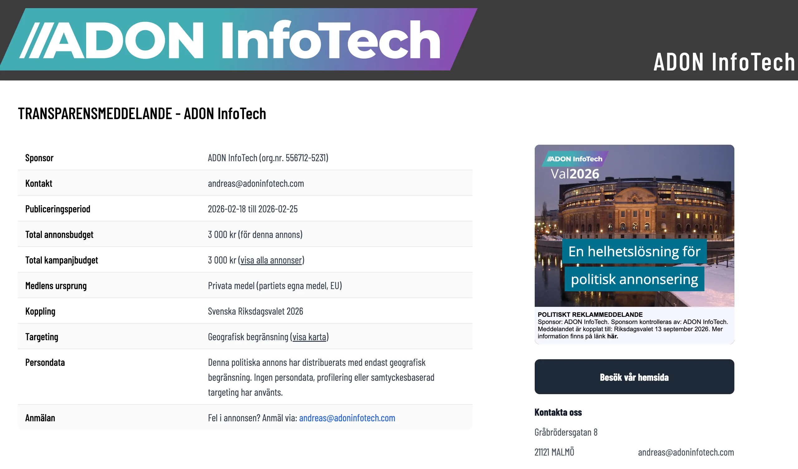 Partiloggan banner med transparentesmeddelande från Partiet i Staden inklusive sponsorinfo, kontaktdetaljer, budget och annonseringsperiod samt en bild på två personer på tandemcykel med budskap om partipolitik.