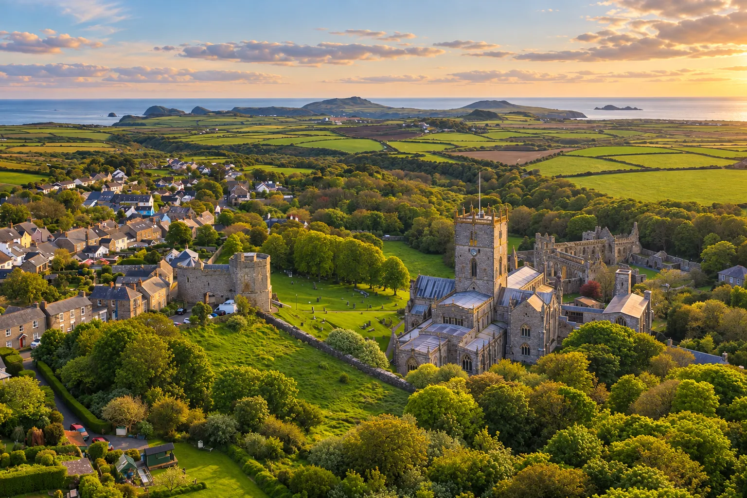 St Davids Cathedral and the Pembrokeshire coastline in warm evening light