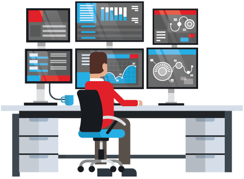 A person working at a complex-looking control center.