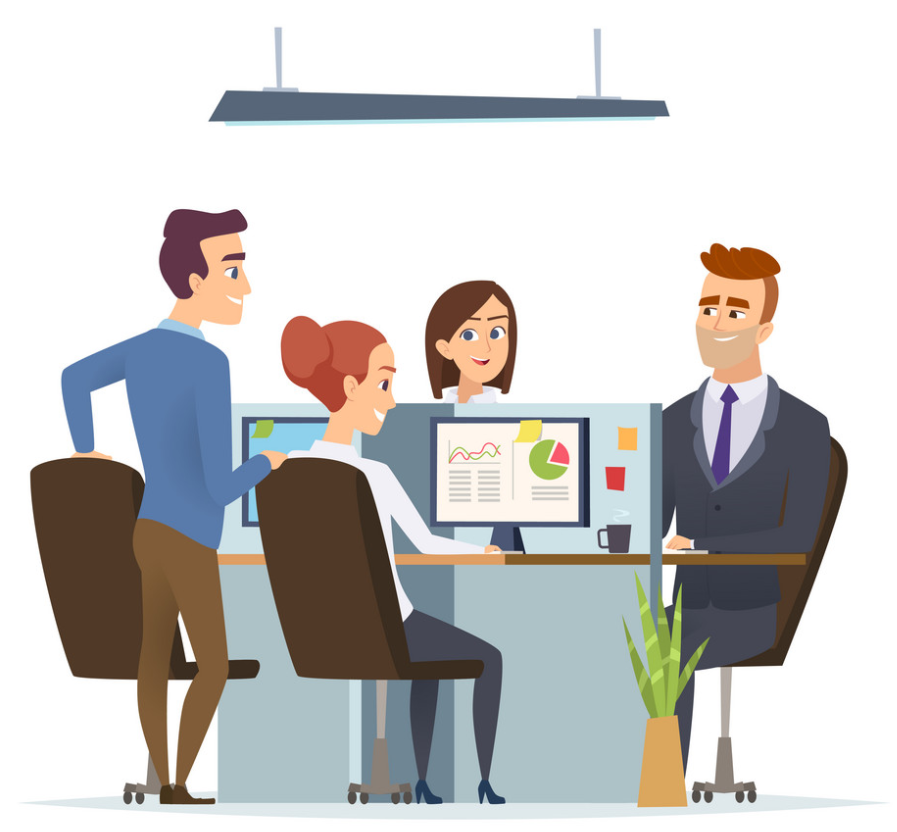 Workers sitting around table and discussing.