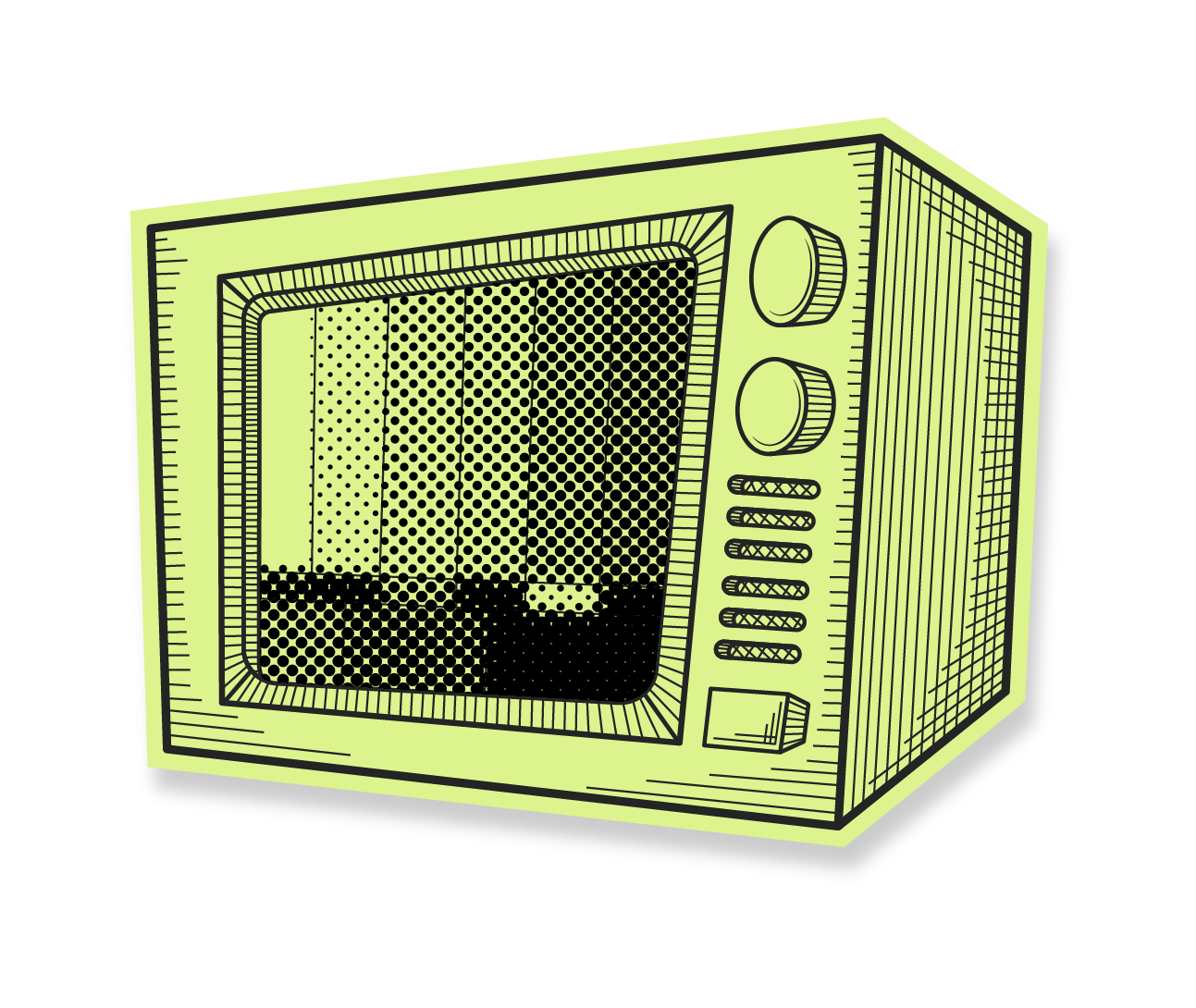 Stylized green vintage television with two knobs and a detailed screen pattern.