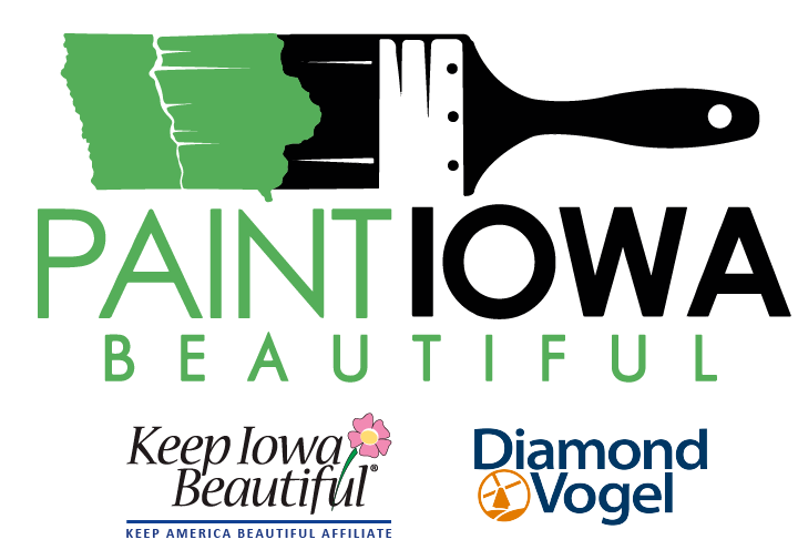 Logo for Paint Iowa Beautiful with large paint brush above smaller logos for Keep Iowa Beautiful, Keep American Beautiful Affiliate and Diamond Vogel
