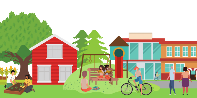 Illustrations of diverse people in different settings: adults gardening in a rural area, children and an adult reading in a park, and adults in a city walking, biking, and using a wheelchair.