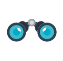 Illustration of a pair of binoculars with blue lenses and gray hinges.