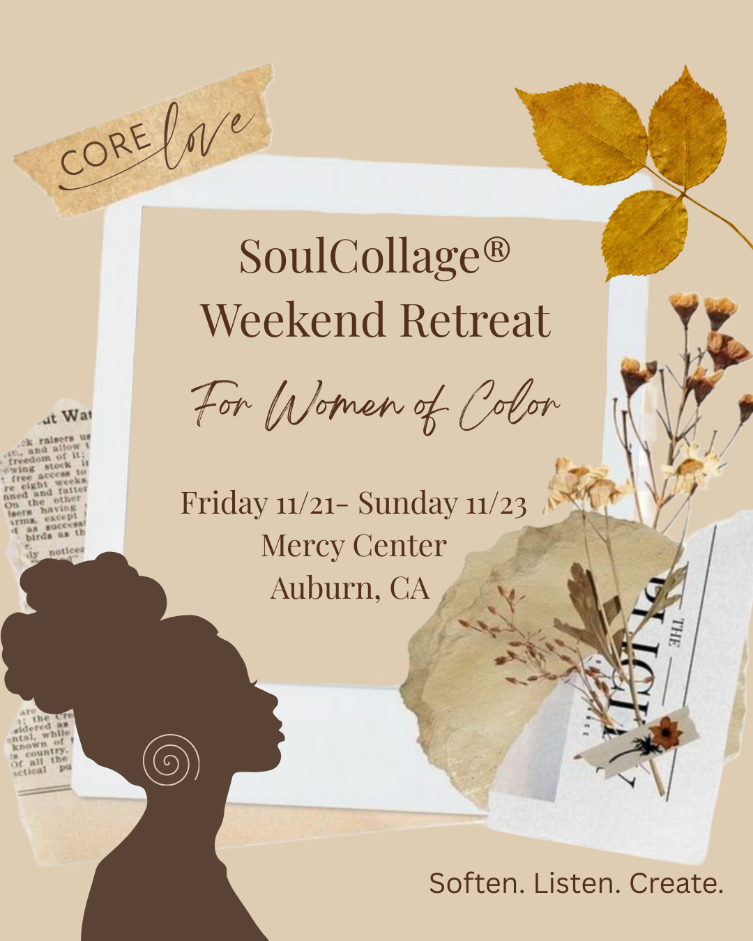 A candle and text that provides details about an event. In the corner of the main image are two profile pics of the event speakers.