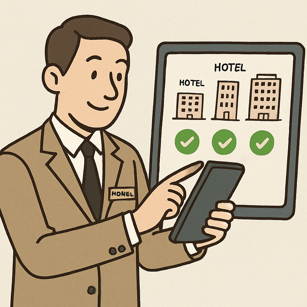A friendly, clear illustration of a hotel manager looking at a simplified tablet screen that shows green 'all clear' icons for three different hotel buildings.