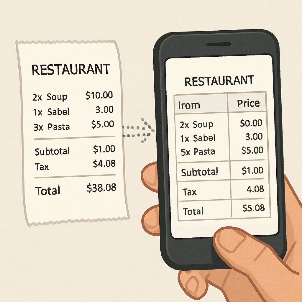 A smartphone taking a photo of a restaurant invoice, with a simple graphic showing the numbers moving from the paper into a neat digital table.