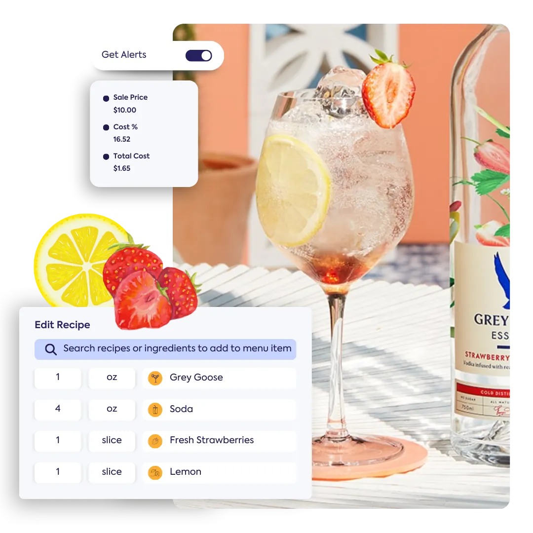 A digital interface for managing recipes overlays a cocktail glass garnished with a strawberry and a lemon slice, next to a bottle of Grey Goose Essences Strawberry & Lemongrass vodka. The interface shows recipe details for the drink, including ingredients, sale price, cost percentage, and total cost, demonstrating easy recipe management.
