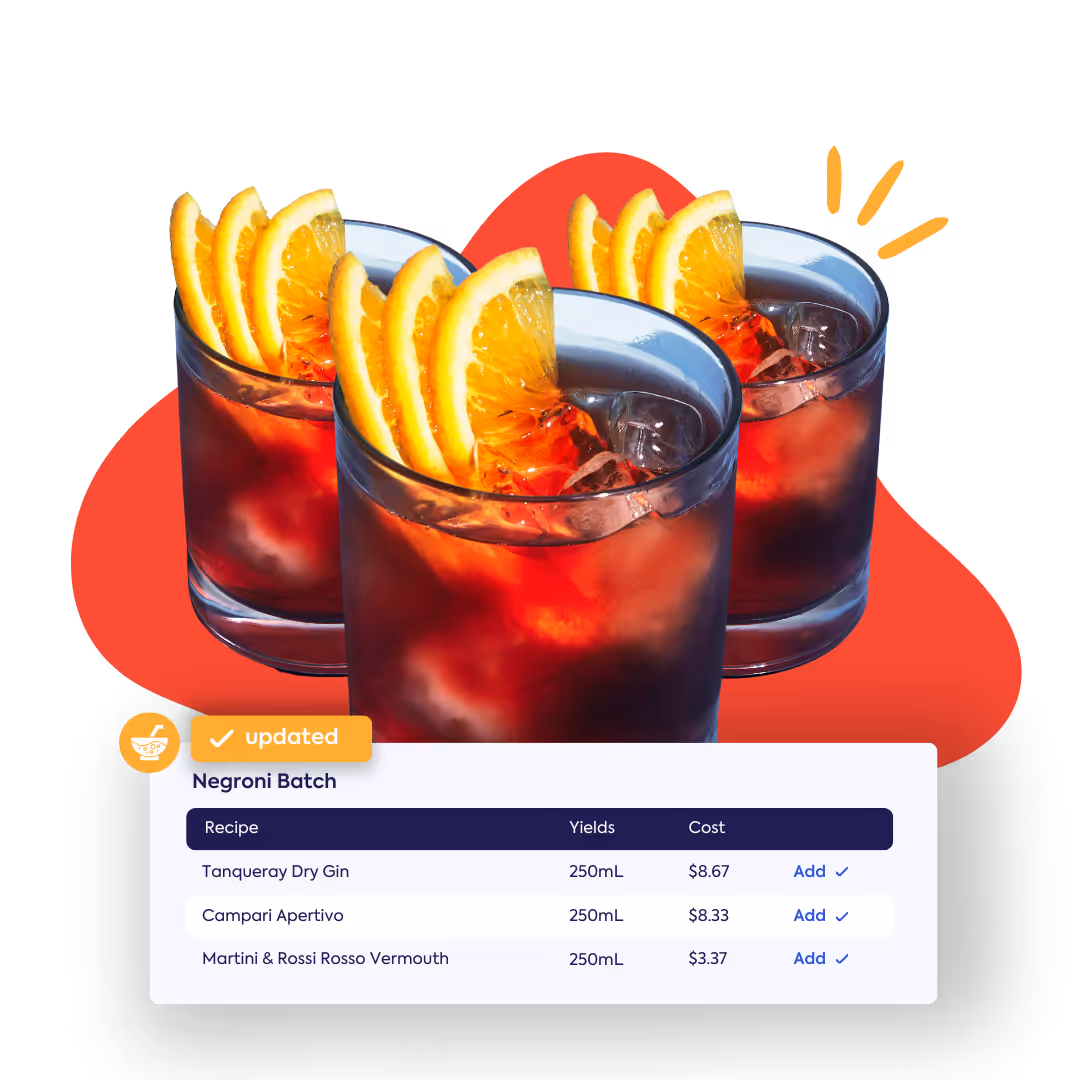 Three Negroni cocktails garnished with orange slices are shown above a recipe detail listing "Tanqueray Dry Gin," "Campari Aperitivo," and "Martini & Rossi Rosso Vermouth" for a "Negroni Batch." Yields and costs are provided for each ingredient, illustrating how WISK tracks usage and cost for batch recipes and simplifies prep item management.