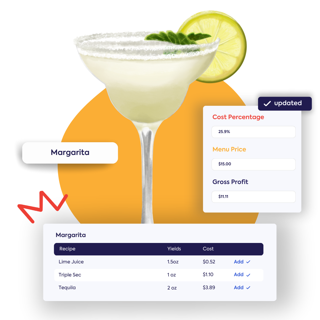 A stylized image of a margarita glass with a lime garnish is overlaid with a panel showing "Cost Percentage 25.9%," "Menu Price $15.00," and "Gross Profit $11.11," plus a "Margarita" recipe list with "Lime Juice," "Triple Sec," and "Tequila." This illustrates "Consistent recipe costing" for menu items.