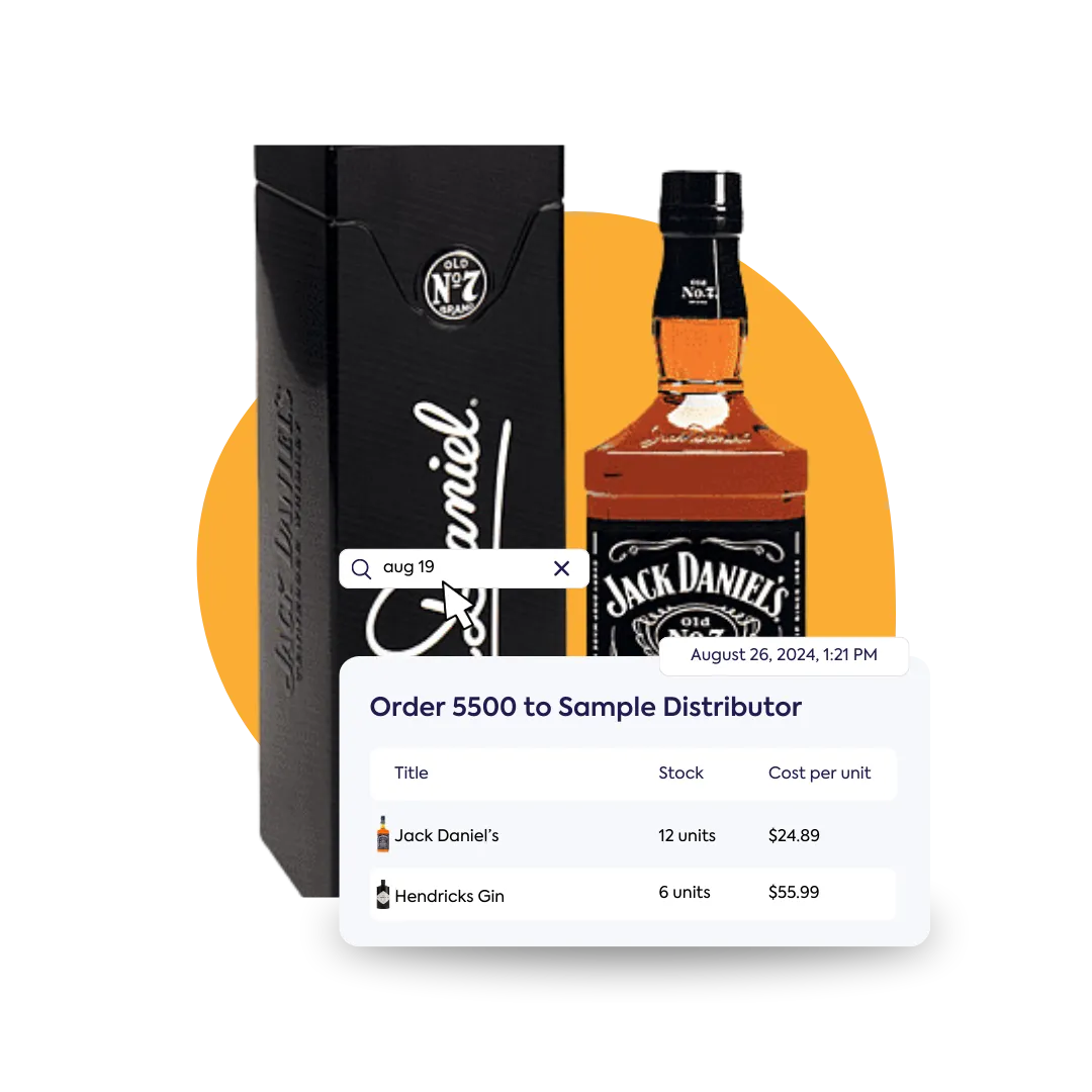 Une bouteille de whisky Jack Daniel's Tennessee est présentée à côté de sa boîte. Un panneau numérique superposé intitulé « Commander 5500 au distributeur d'échantillons » affiche un rapport sur l'historique des achats avec « Titre », « Stock » et « Coût par unité » pour Jack Daniel's and Hendricks Gin, illustrant un emplacement central pour le suivi des factures et des bons de commande.
