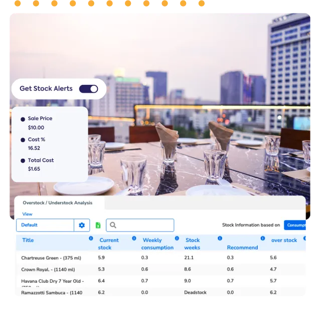 Scène de restauration sur les toits de la ville avec en toile de fond une interface utilisateur de gestion des stocks affichant une option « Obtenir des alertes de stock », des indicateurs de prix (prix de vente 10,00$, coût en % 16,52, coût total 1,65$) et un tableau d'analyse des surstocks/sous-stocks répertoriant les spiritueux avec le stock actuel, la consommation hebdomadaire, les semaines de bourse, les commandes recommandées et les valeurs de surstock.