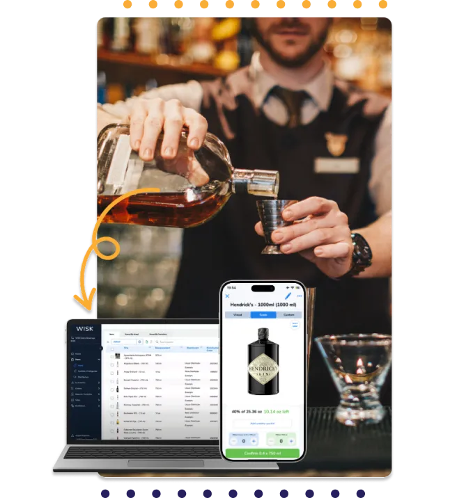 Image showing a bartender pouring liquor, with a laptop displaying WISK inventory and a phone showing Hendrick's Gin details, tailored for multi-venue hotel F&B operations.