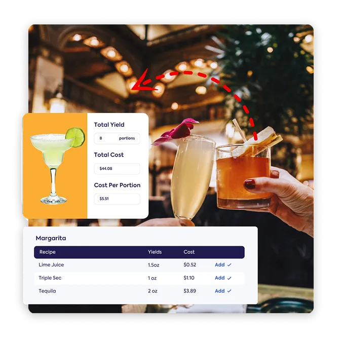 Image showing a margarita and cocktail with a smart recipe costing panel displaying total yield, total cost, and cost per portion for a profitable hotel F&B menu.