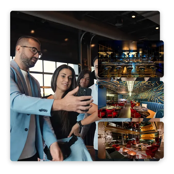 Image showing a man using a phone with a hotel F&B team, and multiple stylish hotel dining areas, emphasizing the need for a structured inventory system.
