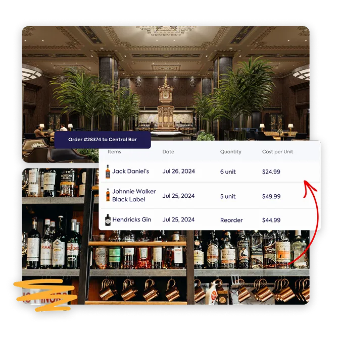 Image montrant un bar proposant une variété de bouteilles d'alcool et une liste de commandes numérique pour des produits tels que Jack Daniel's et Hendrick's Gin, avec les dates, les quantités et les coûts, mettant en évidence une visibilité totale sur les points de vente F&B.