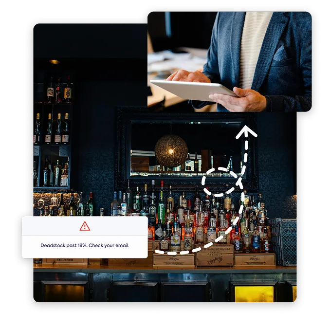  Un comptoir de bar rempli de bouteilles d'alcool et une notification d'avertissement indiquant « Deadstock past 18 % ». Vérifiez vos e-mails » indique « Des milliers de dollars gaspillés à cause d'un mauvais contrôle des stocks ». En haut à droite, une personne utilise une tablette.