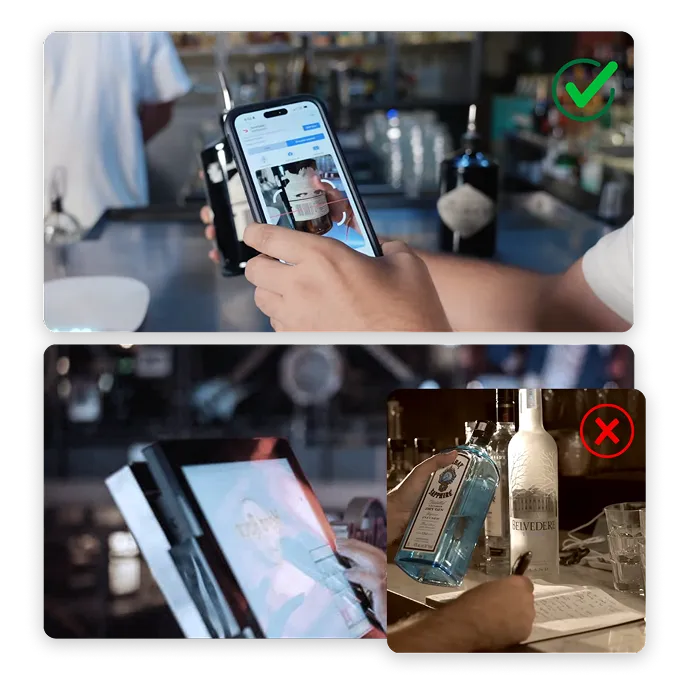 Image montrant une personne utilisant un téléphone pour scanner l'étiquette d'une bouteille avec une coche verte, et une autre personne utilisant une tablette avec un X rouge, illustrant la tarification du menu sans données sur les coûts réels.