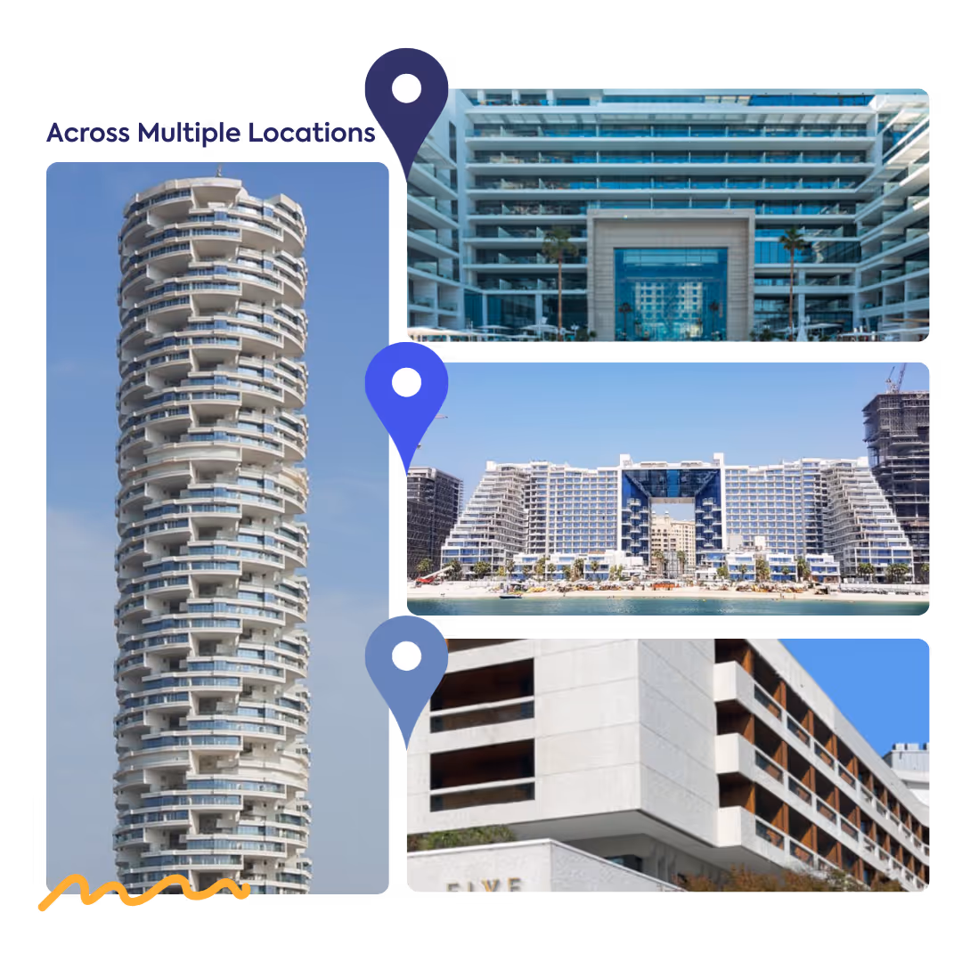 Image showing multiple hotel buildings across locations marked with pins, illustrating WISK's adaptation to hotel operational structures with defined roles, recurring closes, and dynamic staffing.