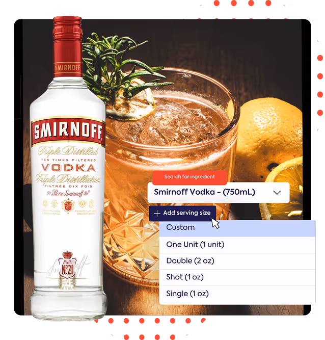A bottle of Smirnoff vodka next to a garnished cocktail glass. A digital interface overlay shows a drop-down menu for "Smirnoff Vodka - (750mL)" and a button to "Add serving size," with options like "Custom," "One Unit," "Double (2 oz)," "Shot (1 oz)," and "Single (1 oz)." This image illustrates how WISK creates detailed cocktail recipes with all ingredients and costs.