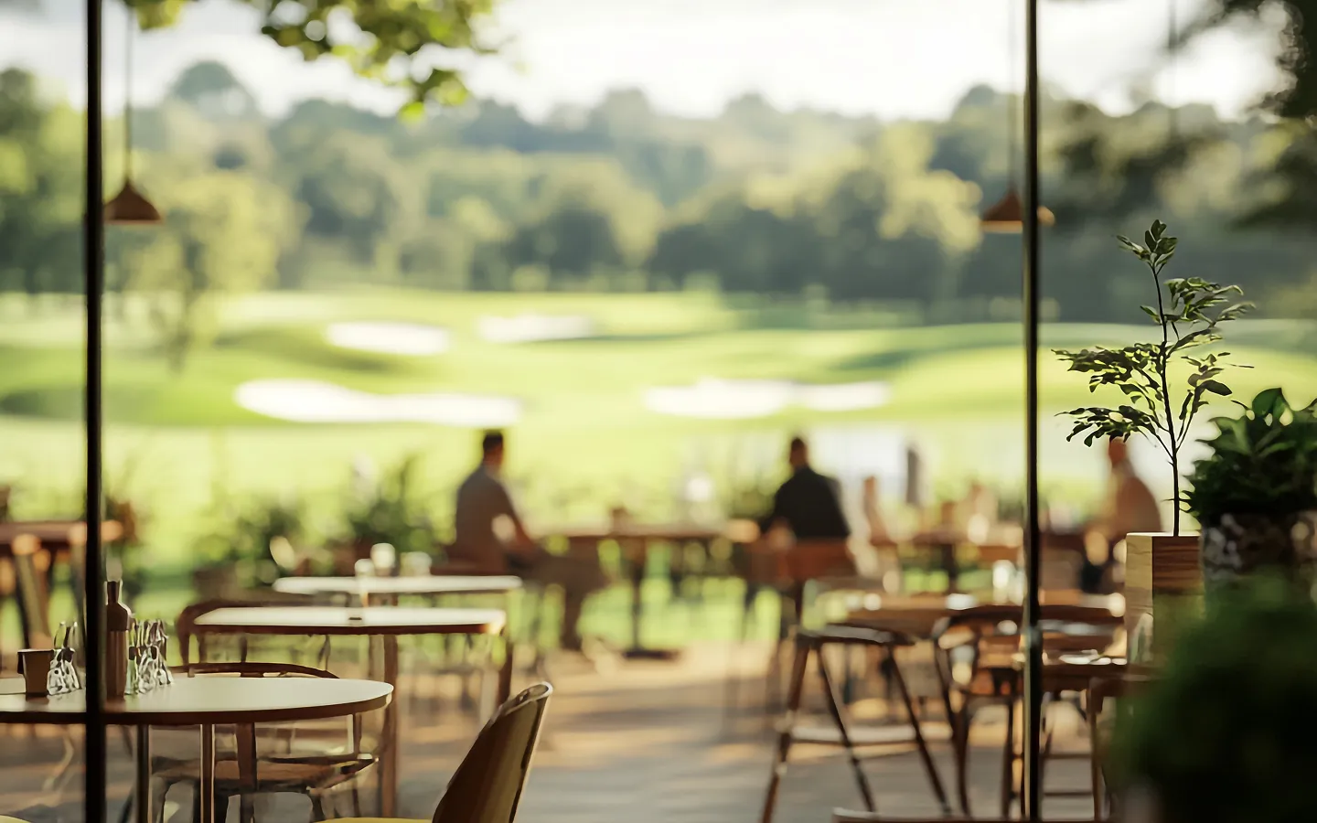 Outdoor cafe seating area overlooking a sunlit golf course with trees in the background.