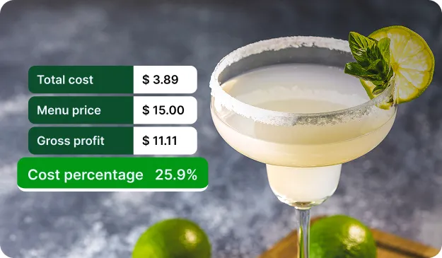 Cocktail de margarita avec garniture au citron vert et zones de texte indiquant le coût total de 3,89$, le prix du menu 15,00$, le bénéfice brut de 11,11$ et le pourcentage de coût 25,9 %.