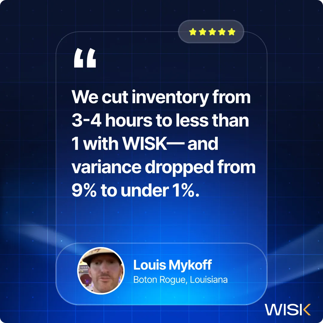 Testimonial quote stating inventory was cut from 3-4 hours to less than 1 with WISK and variance dropped from 9% to under 1%, attributed to Louis Mykoff from Baton Rouge, Louisiana, with WISK logo and prompt to book a demo.