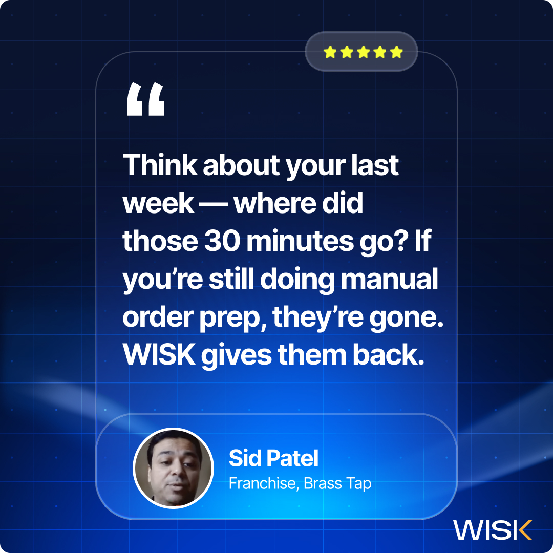 Quote on yellow sticky notes with a red pushpin about saving 30 minutes from manual order prep using WISK, attributed to Sid Patel, Franchisee at Brass Tap, with his portrait.