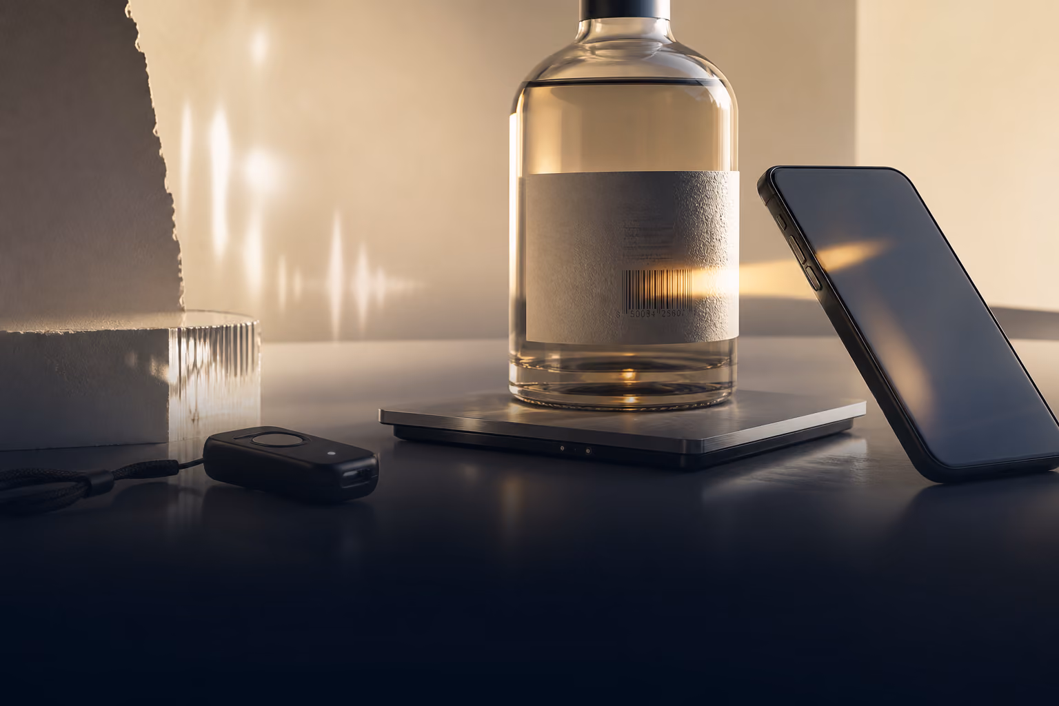 Bottle on a Bluetooth scale beside a mobile phone