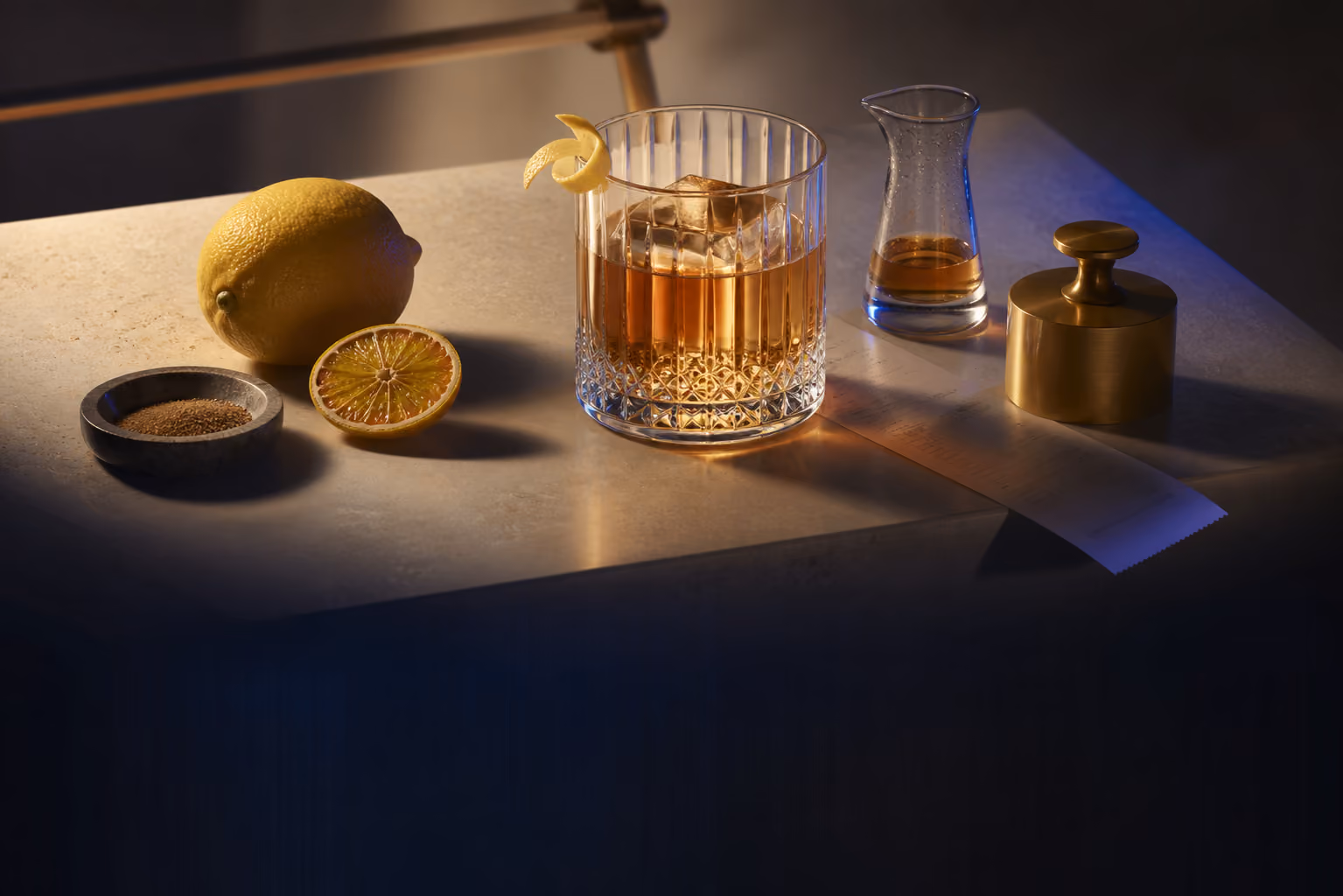 Cocktail ingredients arranged for recipe costing