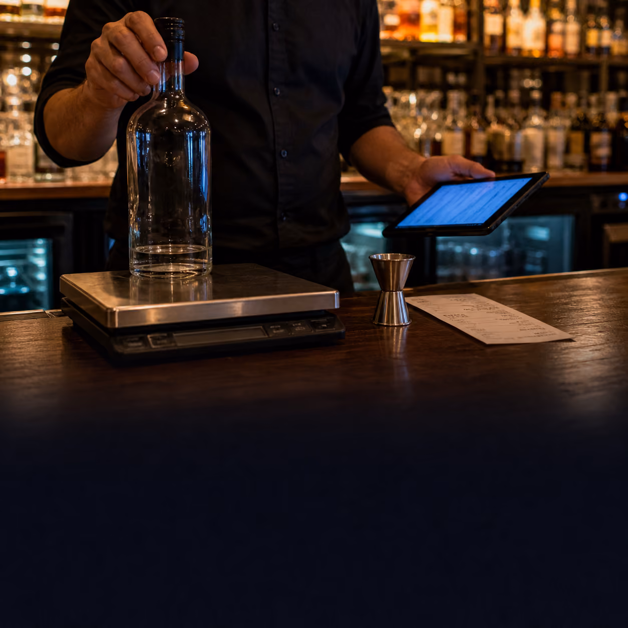 Bartender reconciling a bottle count with a tablet and receipt