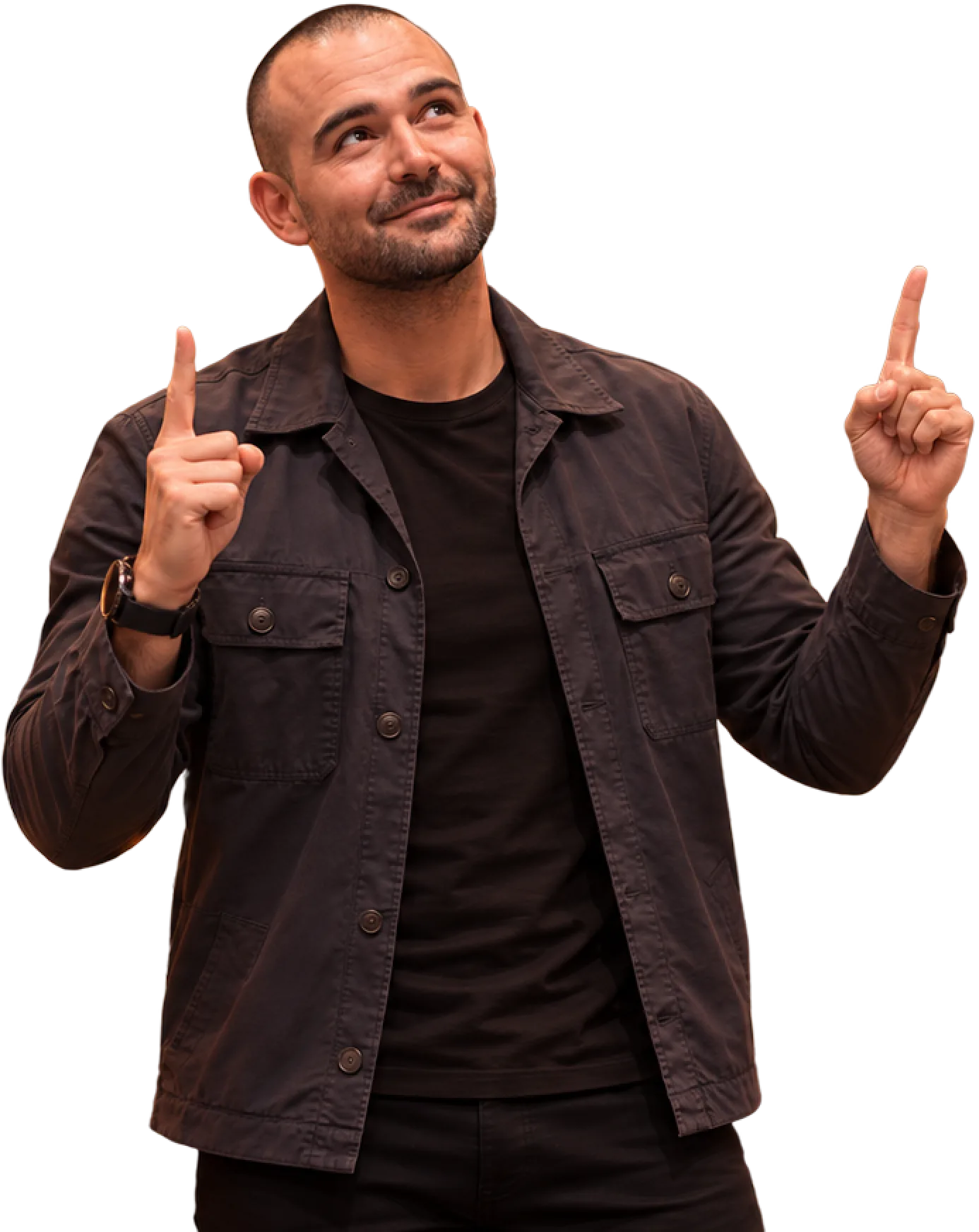 Mike pointing upward toward the booking form