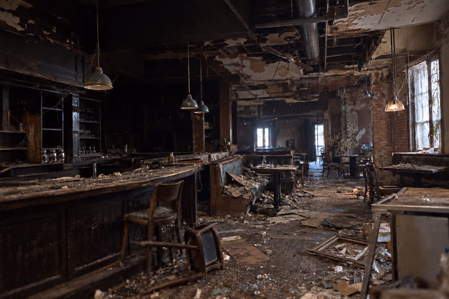 An old, run-down restaurant interior with damaged furniture and moody lighting