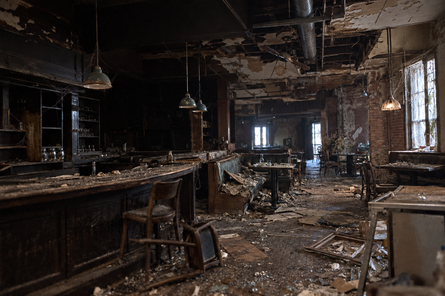 An old, run-down restaurant interior with damaged furniture and moody lighting