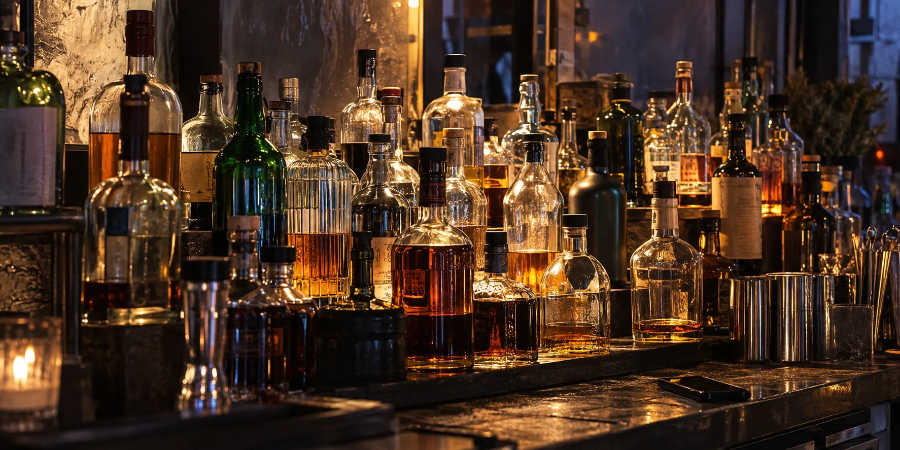 Assorted bottles stocked behind a restaurant bar