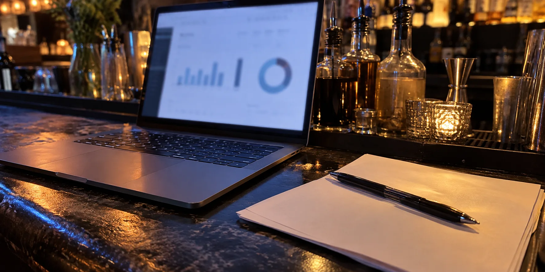 Laptop showing an illustrative chart beside bar inventory notes