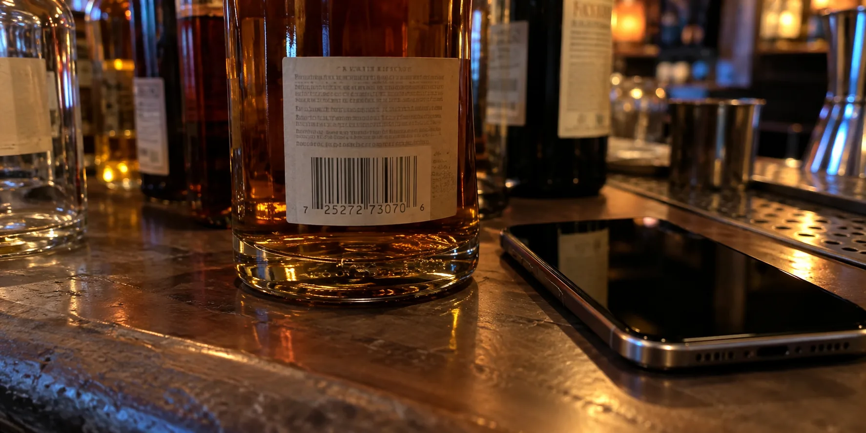 Barcode on a bottle beside a phone at the bar