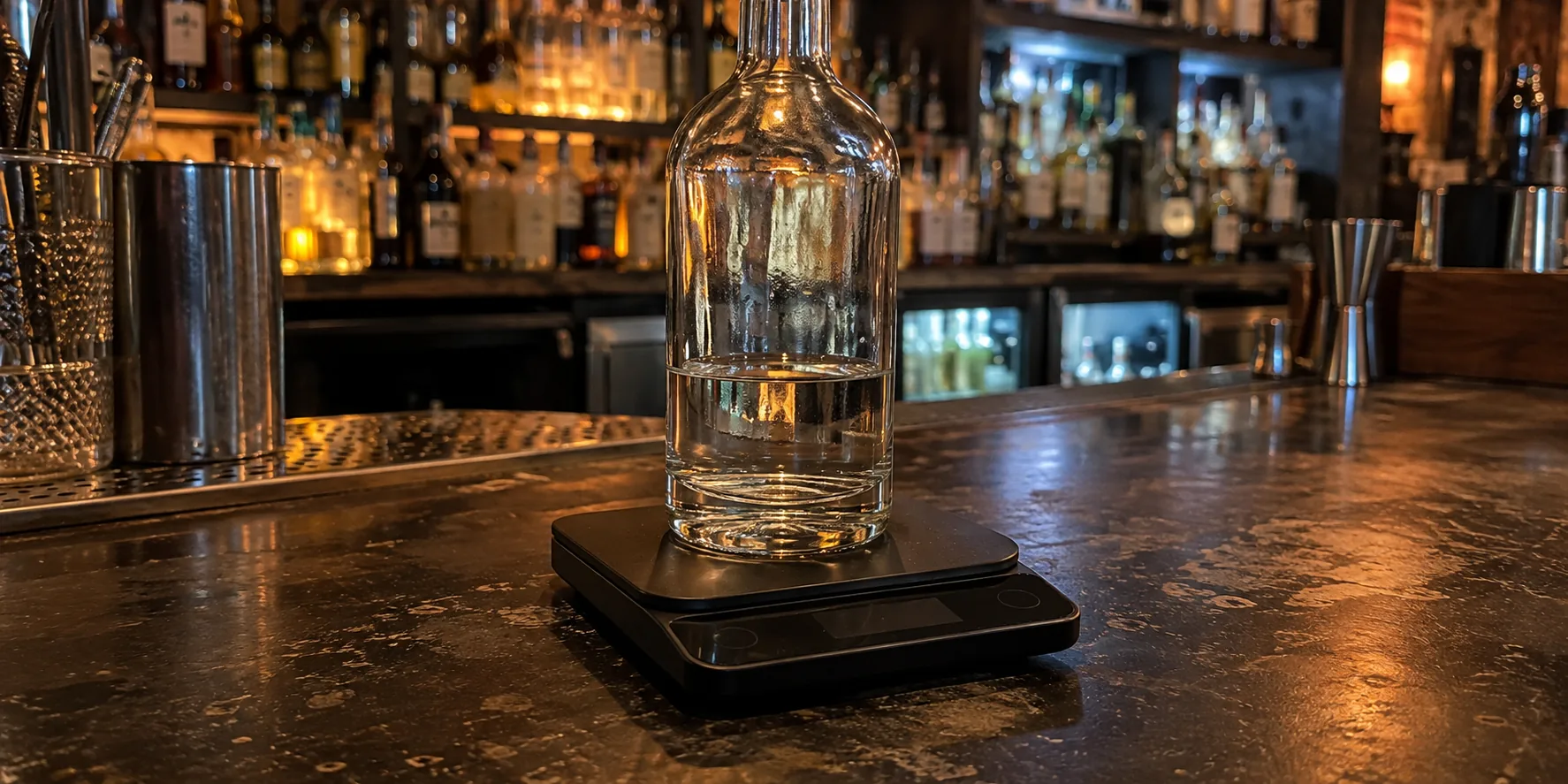 Open bottle standing on a compact digital scale