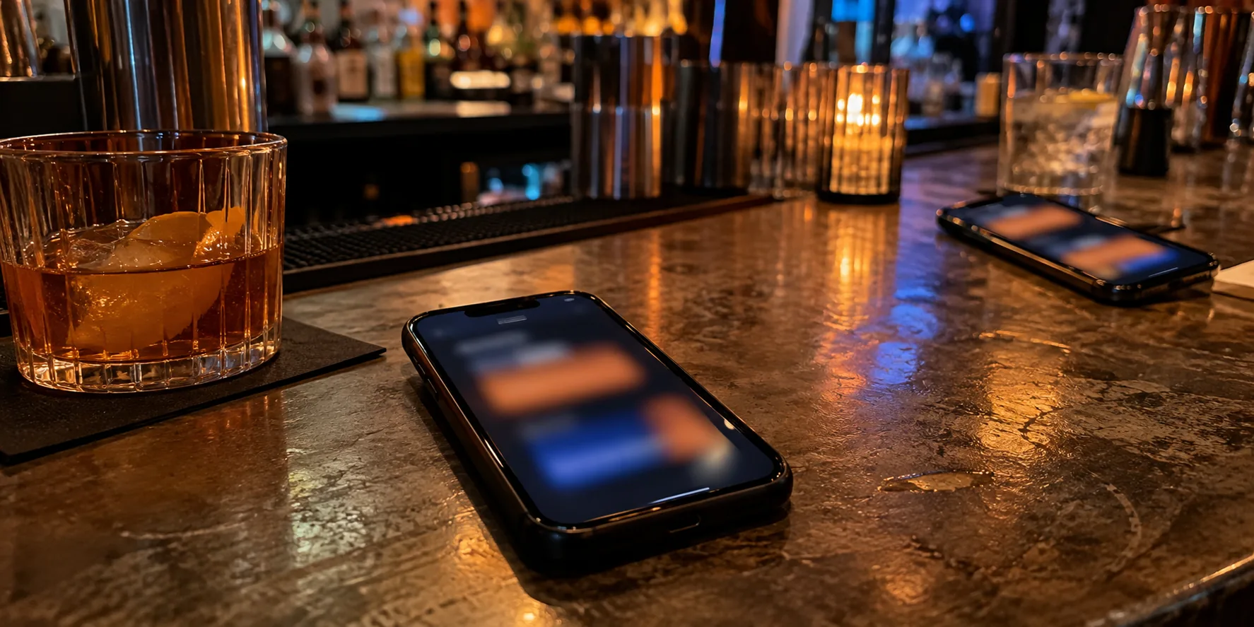 Two phones placed at opposite ends of a bar counter