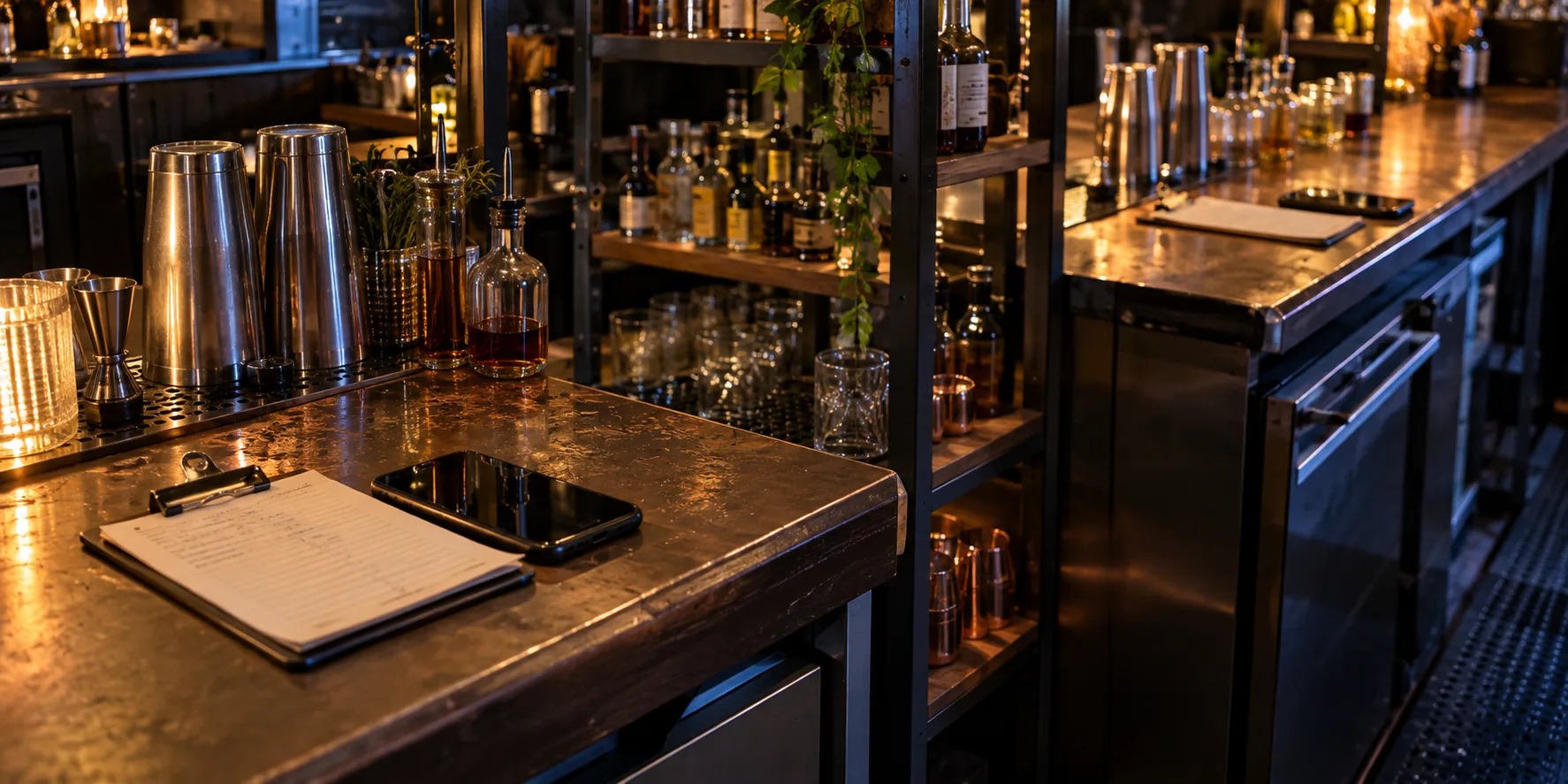 Two bar counting stations with a phone and clipboard