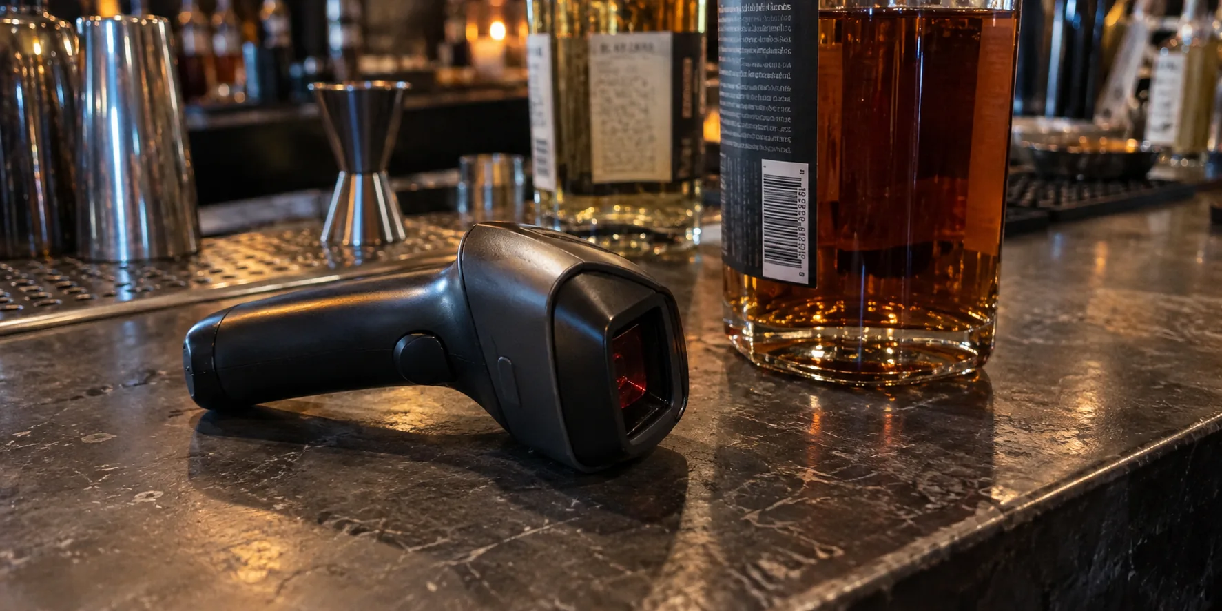 Handheld barcode scanner beside a bottle at the bar