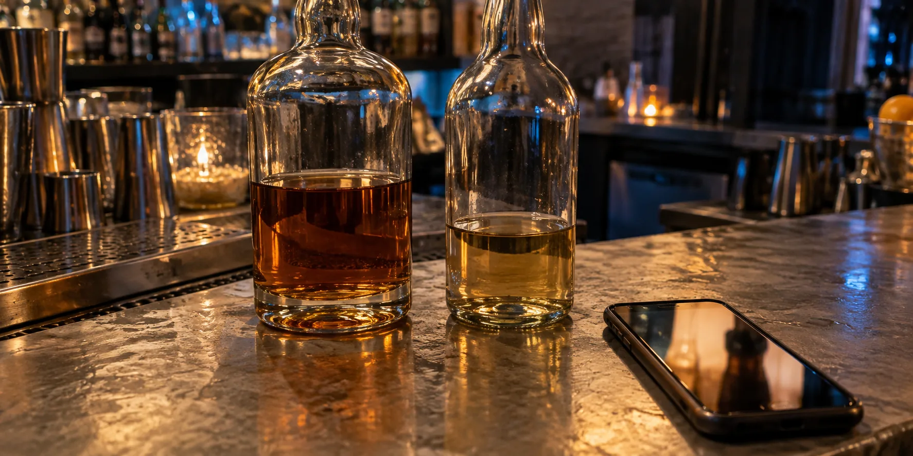 Partially filled bottles arranged on a bar counter