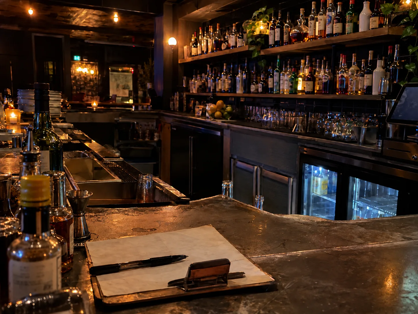 An unoccupied restaurant bar prepared for inventory