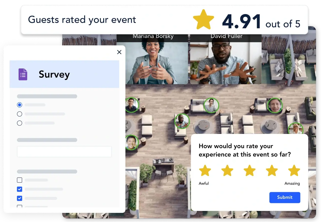 Image featuring a selection of survey tools including a short rating pop-up for guests to rate an event and a more comprehensive embedded survey, plus the average rating for the event.