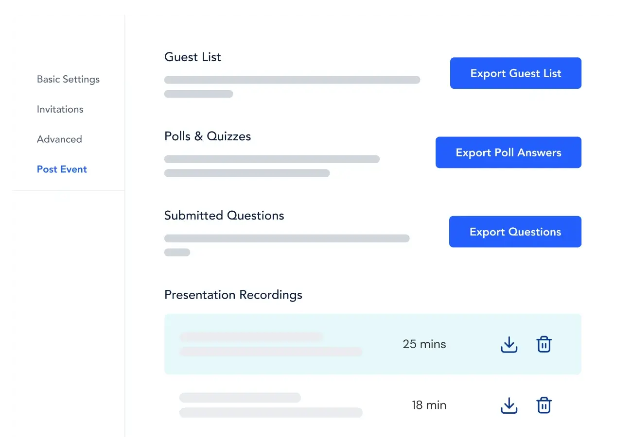 Image of some of Remo's post-event analytics, showing options to export guest lists, poll answers, submitted questions, and presentation recordings.