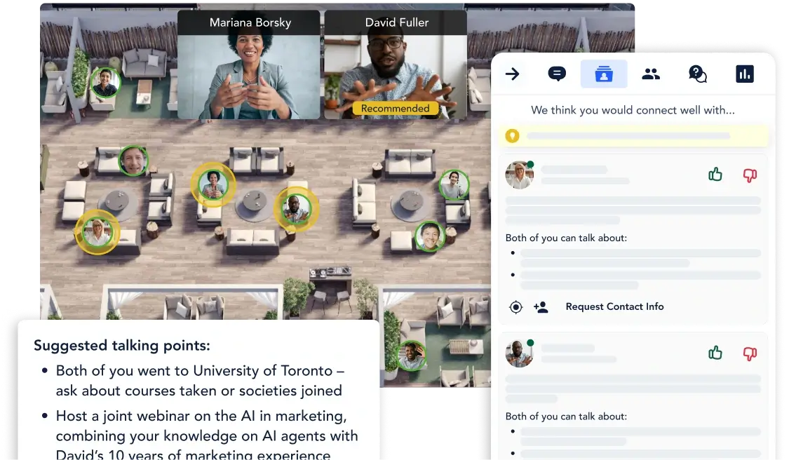 An image to showcase Remo's Networking Recommendations feature where attendees are given suggested matches and tailored talking points